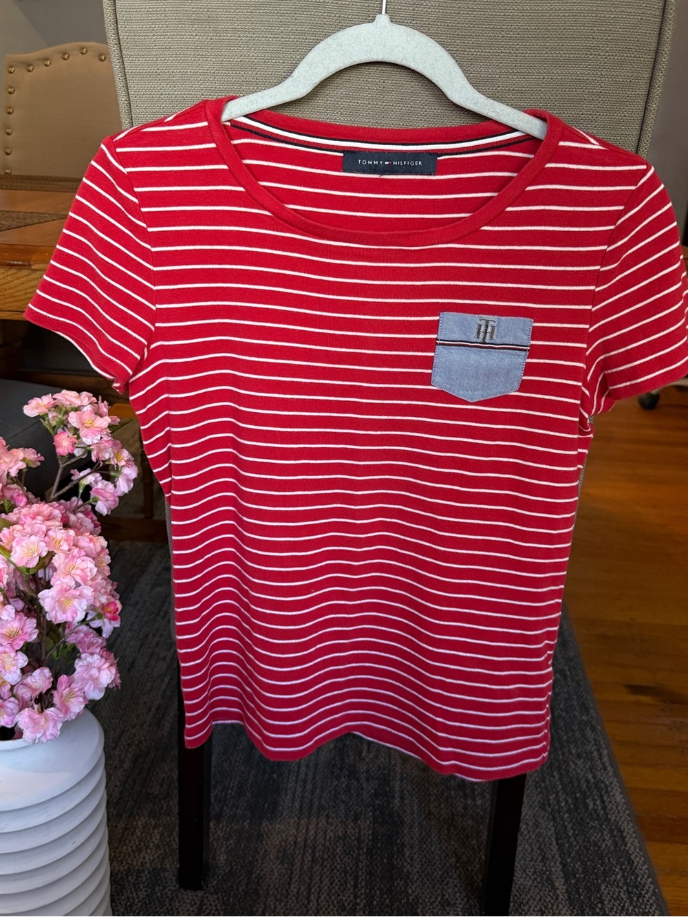 Tommy Hilfiger Striped Pocket Tee in Red & White